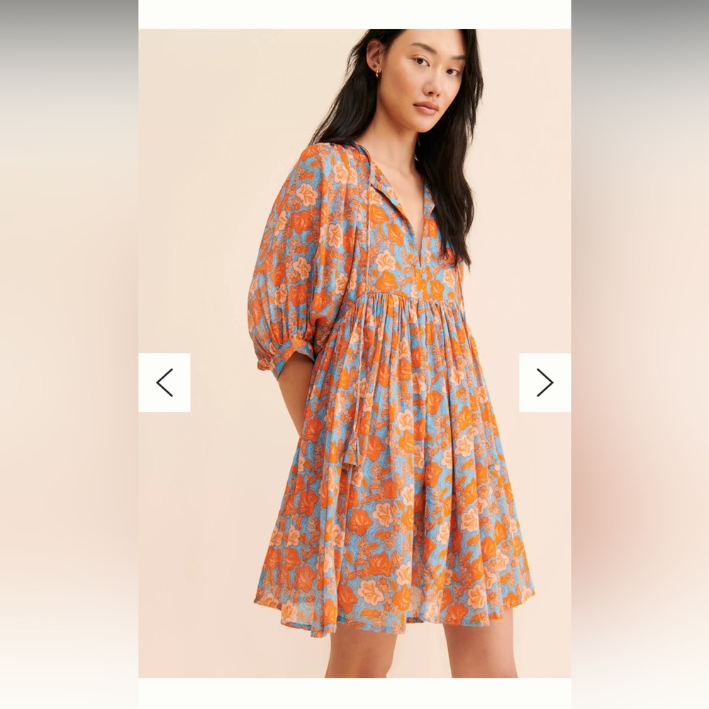 SUNDRY Floral Patterned Orange and blue mini shift dress size 1 balloon sleeves